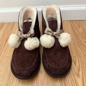 UGG Brown Suede Pom-Pom Ankle Slippers with Cream Fur Trim